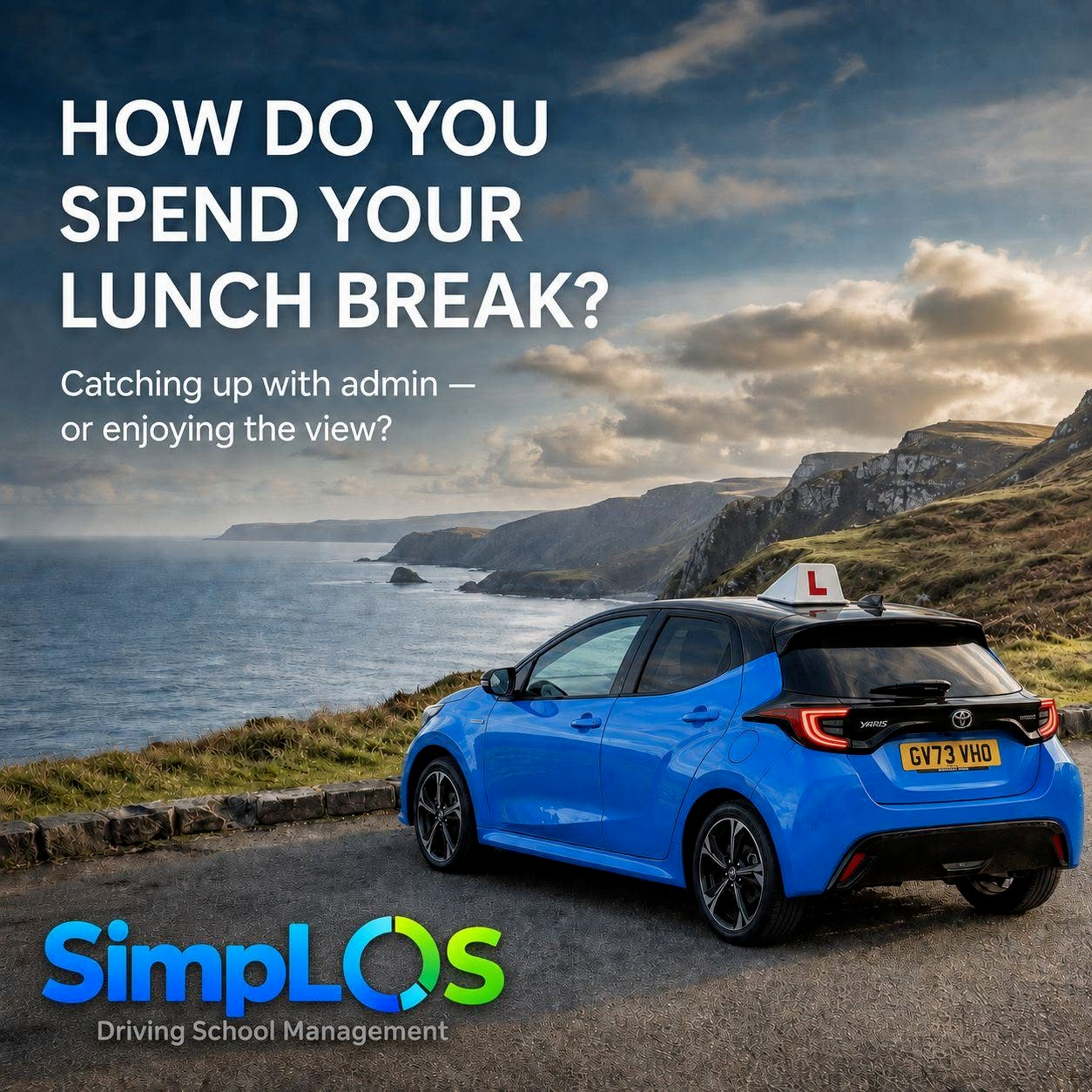 Learner car parked beside dramatic coastal cliffs